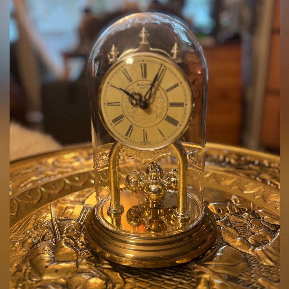 BULOVA Classic Signed German Mantle  Desk Clock • Works • Glass Dome • Gold Tone